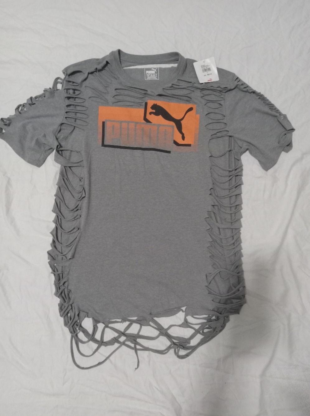 Puma Gray & Orange Short Sleeve T Shirt Distressed Ladder Cuts. Thrashed Lg NWT